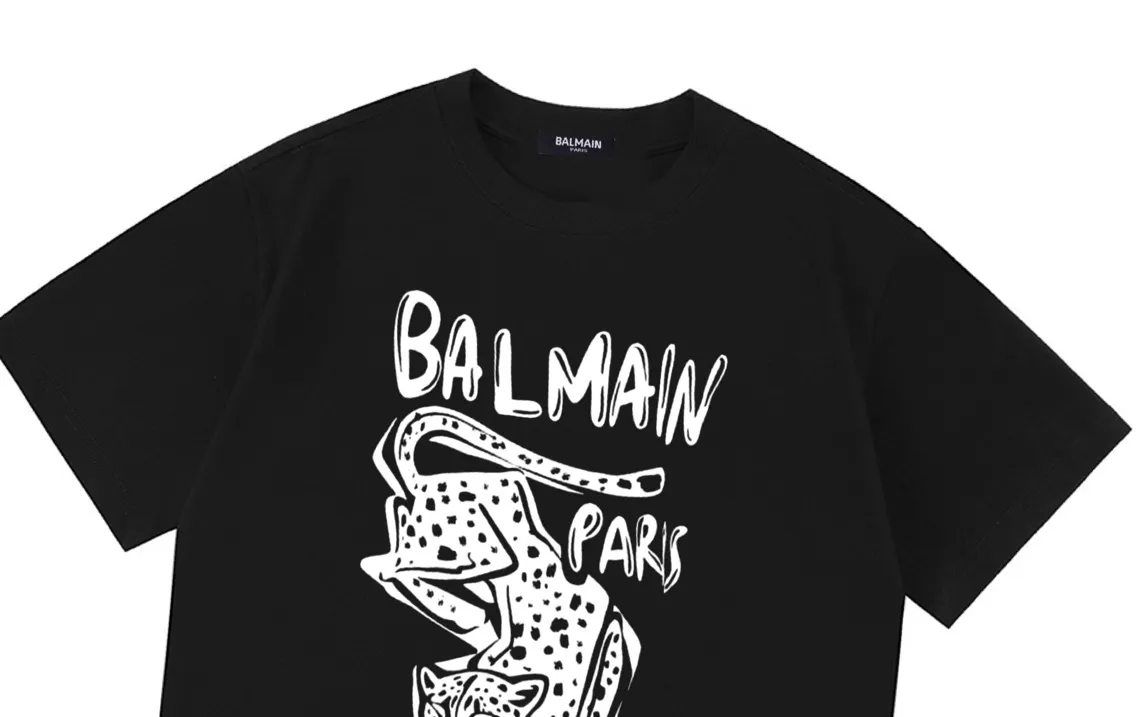 BALMAN Balman 2026 Early Spring New Arrival Leopard Letter Logo Men's and Women's Same Style Short Sleeve T-shirt Customized 100% double yarn pure cotton fabric Custom dyed 32 double-strand threads Kangji digital direct printing technology Collar label, hangtag, main mark and three labels complete Color: Black Size: XS S M L